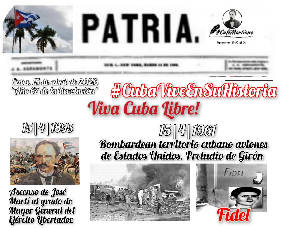 Buenos días 🇨🇺 #CaféMartiano
¡Abril, la historia de Victoria!

15|4|1895 
Ascenso de José Martí al grado de Mayor General del Ejército Libertador.

✍️"..y muy querido y conocido, me hallé”. "¡De un abrazo, igualaban mi pobre vida a la de sus diez años!”.

#CubaViveEnSuHistoria