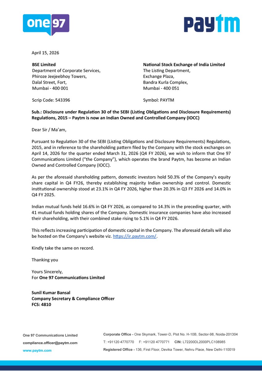 Paytm's tweet image. A proud moment for Paytm 🇮🇳
We are now a majority Indian Owned and Controlled Company with domestic investors holding 50.3% stake.

Thank you to our mutual funds, insurance companies, and institutions for the growing trust and confidence.
Built in India. Owned by India. Serving