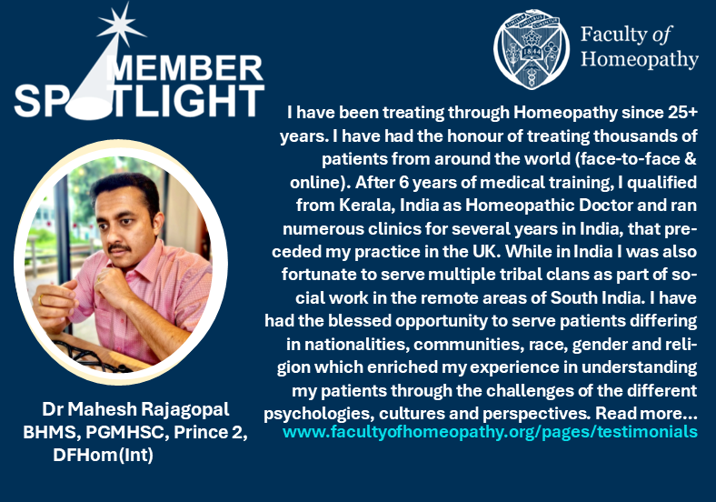 fohhomeopathy's tweet image. Our latest Member in the Spotlight, Dr Mahesh Rajagopal, like many of our members has been practising homeopathy for several years. Read more: facultyofhomeopathy.org/pages/testimon… #homeopathy #homeopathyworks #homeopathycareers