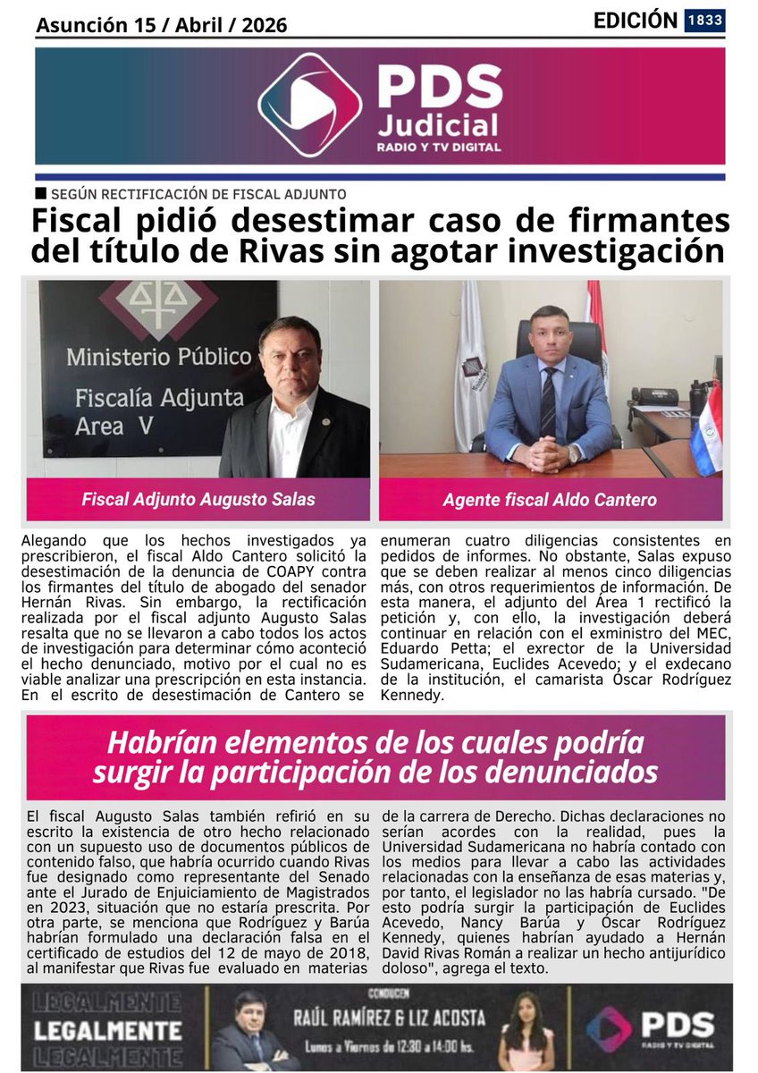 ☺️¡Buen día!

A continuación los principales títulos de la #PortadaDigitalPDS📰

Leé toda la información judicial en: 🔗pdsdigital.com.py

#PDSDigital