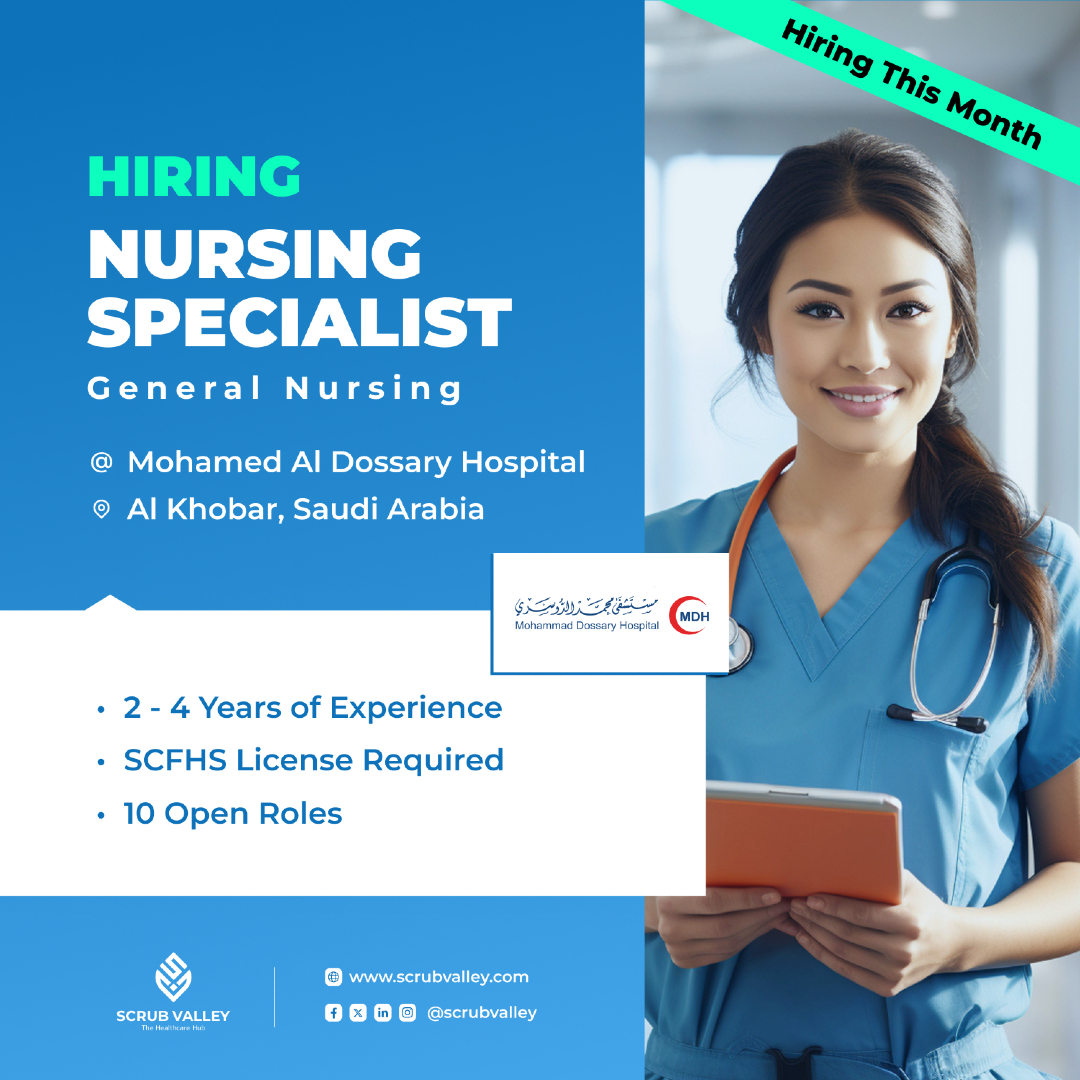 Your Nursing Career Starts Here.
Mohammad Al Dossary Hospital is hiring 10 Nursing Specialists to be part of a team that truly values what you bring to the table.
If you have:
• 2–4 years of nursing experience
• A valid SCFHS license
Then this opportunity is made for you.
