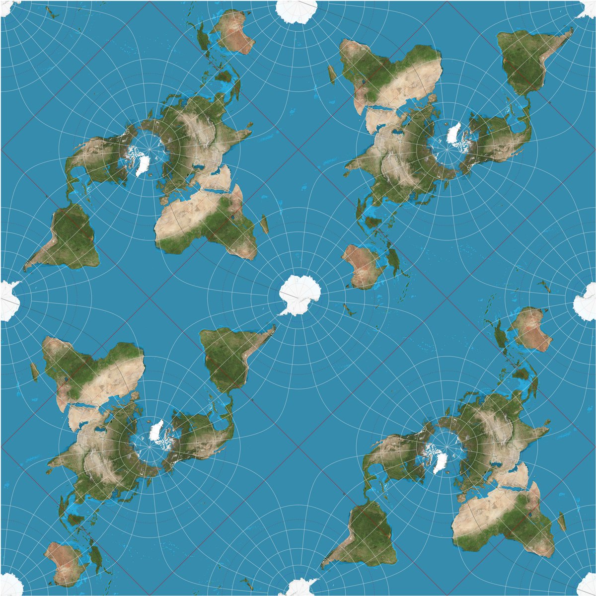 worldwarbot2020's tweet photo. @rafaelvilli It's called Peirce quincuncial projection, I like it because you can make tiled patterns like these with it https://t.co/Z9O0IbCfCE