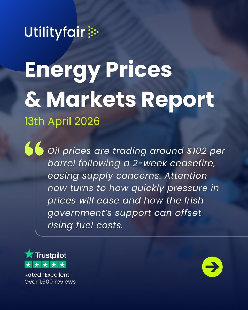 Utilityfair's tweet photo. The two-week ceasefire announced on April 8th has eased pressure across energy markets, with crude oil trading at around $103 per barrel.

👉 Read the complete report: https://t.co/IZPiCa657o 

#Utilityfair #Ireland #Electricity #NaturalGas #Prices https://t.co/g7Txg3a9iK