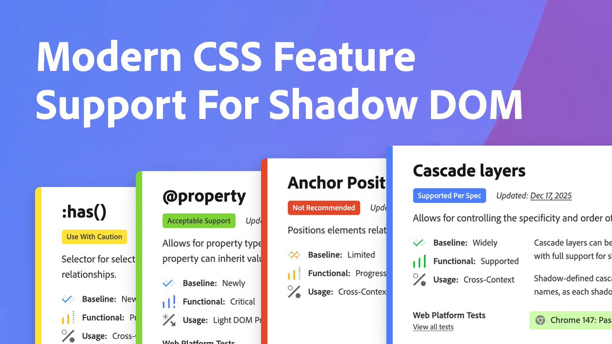webstandards_ru's tweet image. Поддержка современных CSS-фич в shadow DOM. Adobe Spectrum Web Engineering отслеживает поддержку CSS-фич вроде :has(), @​scope и anchor positioning в shadow DOM с результатами тестов и ссылками на спецификации. #css #webcomponents

shadow-dom-css.adobe.com
