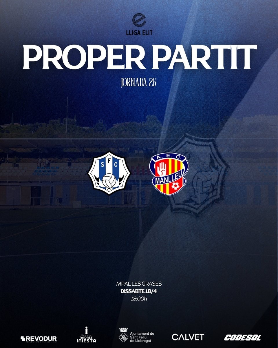 SantfeliuencFC's tweet photo. ⏭️ 𝗣𝗥𝗢𝗣𝗘𝗥 𝗣𝗔𝗥𝗧𝗜𝗧

‼️ Afició, tenim una cita dissabte a les 18:00h: 𝐡𝐞𝐦 𝐝’𝐨𝐦𝐩𝐥𝐢𝐫 𝐋𝐞𝐬 𝐆𝐫𝐚𝐬𝐞𝐬! 𝑼𝒔 𝒏𝒆𝒄𝒆𝒔𝒔𝒊𝒕𝒆𝒎 𝒂 𝒕𝒐𝒕𝒔 𝒊 𝒕𝒐𝒕𝒆𝒔!

🤝🏻 Jornada 26
🆚 @aecmanlleu 
🏠 Municipal Les Grases
⏰ 18:00H
📅 Dissabte 18

#sempresantfe https://t.co/ONKLt3ggad