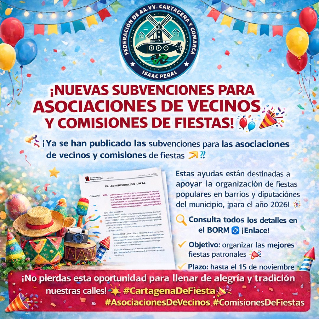 favecip's tweet photo. 🎉 Cartagena lanza 100.000€ en subvenciones para Asociaciones de Vecinos y Comisiones de Fiestas 🏘️

 📅 Plazo: 15 días hábiles desde BORM

👉 ¡Momento de impulsar nuestros barrios!

#FAVECIP #Cartagena #AsociacionesDeVecinos #FiestasPopulares #CartagenaDeFiesta https://t.co/qUTUo7C78I