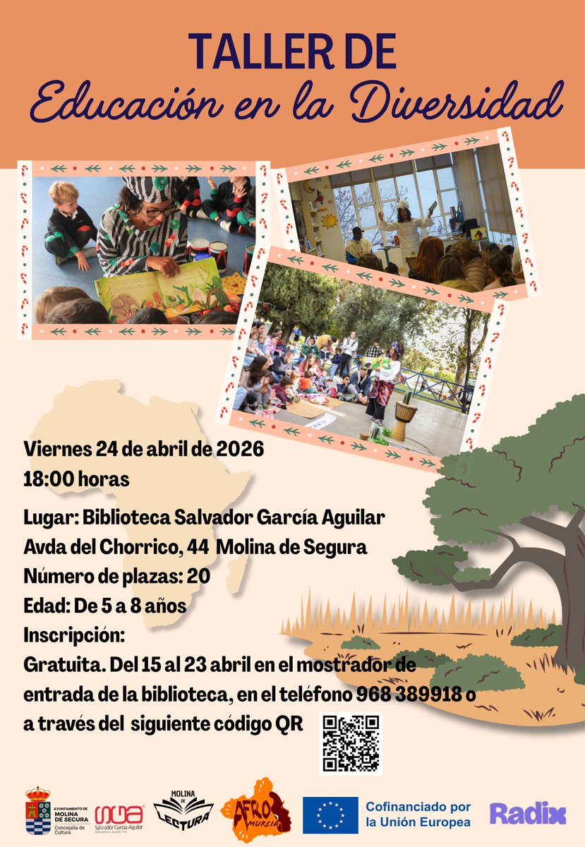 BibliotecaSGA's tweet photo. 📢Taller de Educación en la Diversidad 
A través de cuentos africanos y actividades participativas se trabaja el respeto y la diversidad cultural.   
📍 Biblioteca SGA
 🗓️Viernes 24 de abril de 2026
🕗 20:00 horas
@Afromurcia 
@AytMolinaSegura @Cultura_Molina #MolinaDeLectura https://t.co/eoOS9jSRn0