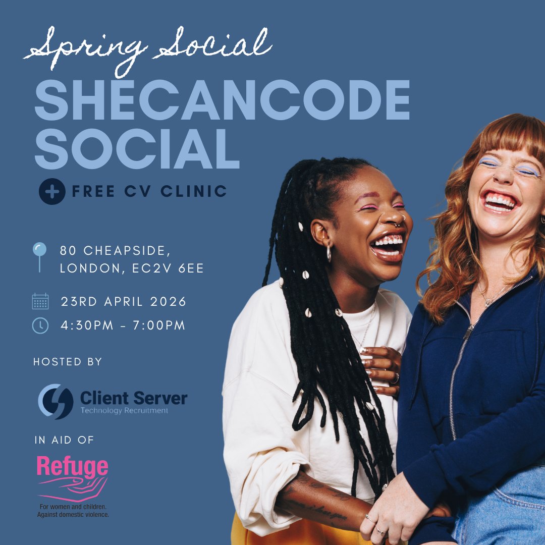 SheCanCodeHQ's tweet image. Free CV clinic &amp;amp; networking at SheCanCode’s Spring Social!

Join us &amp;amp; @clientserver.com for career support, community, and connection.

🌸 23 April, 4:30–7pm | 📍 London, 80 Cheapside | 🍕 Food &amp;amp; drinks

Register 👉 bit.ly/40WqLKH

#WomenInTech #CVTips #CareerGrowth