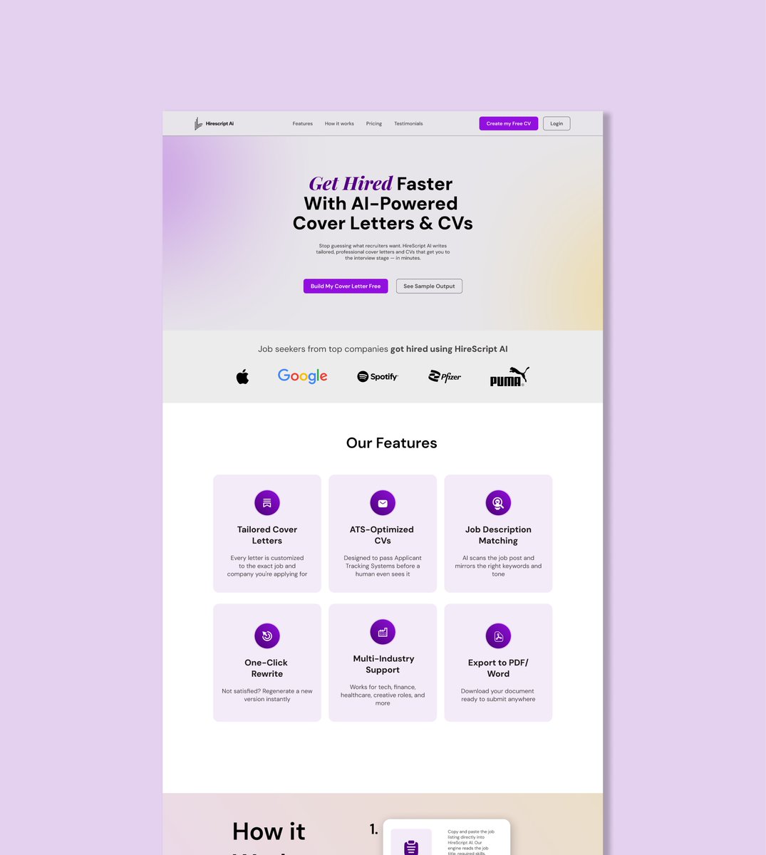 ObodoProsper's tweet photo. Tired of sending CVs and hearing nothing back?  
The problem isn't you. It's your documents.  

HireScript is an Ai Assistant writing tool. It writes tailored cover letters and ATS-optimized CVs matched to every job you apply for.   @hnginternship https://t.co/jwol7wwSdP