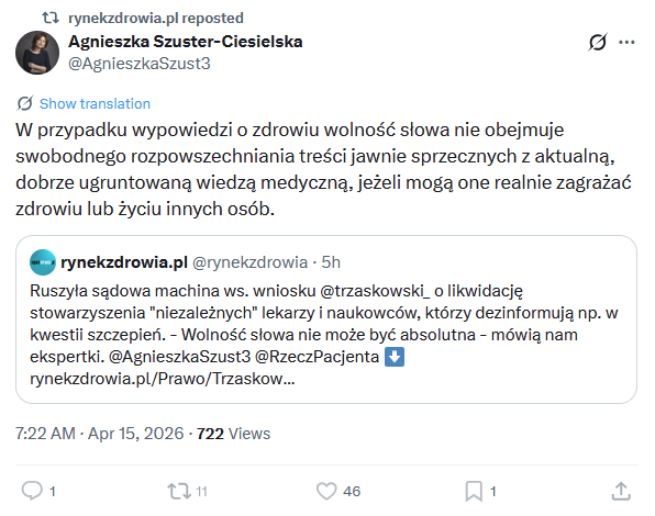 Pogląd prof Szuster-Ciesielskiej jest sprzeczny z wartościami cywilizacji zachodniej i fundamentem nauki, która polega na nieustannym podważaniu. To groźna ideologia, która była domeną ustrojów totalitarnych i czynnikiem hamującym postęp w medycynie

Dzięki wolności słowa i