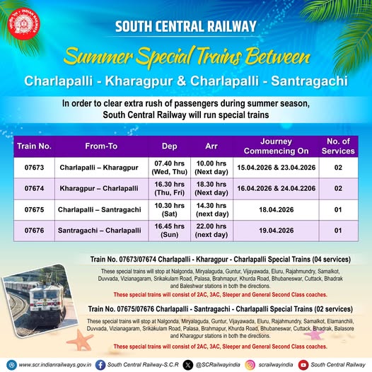 drmgnt's tweet image. 🚆 Summer Special Trains Announced! ☀️

To manage the extra passenger rush during the summer season, South Central Railway is running special trains 
👉 Plan your journey in advance and travel hassle-free!
#SummerSpecialTrains #SCRailway #TrainTravel #PassengerConvenience
