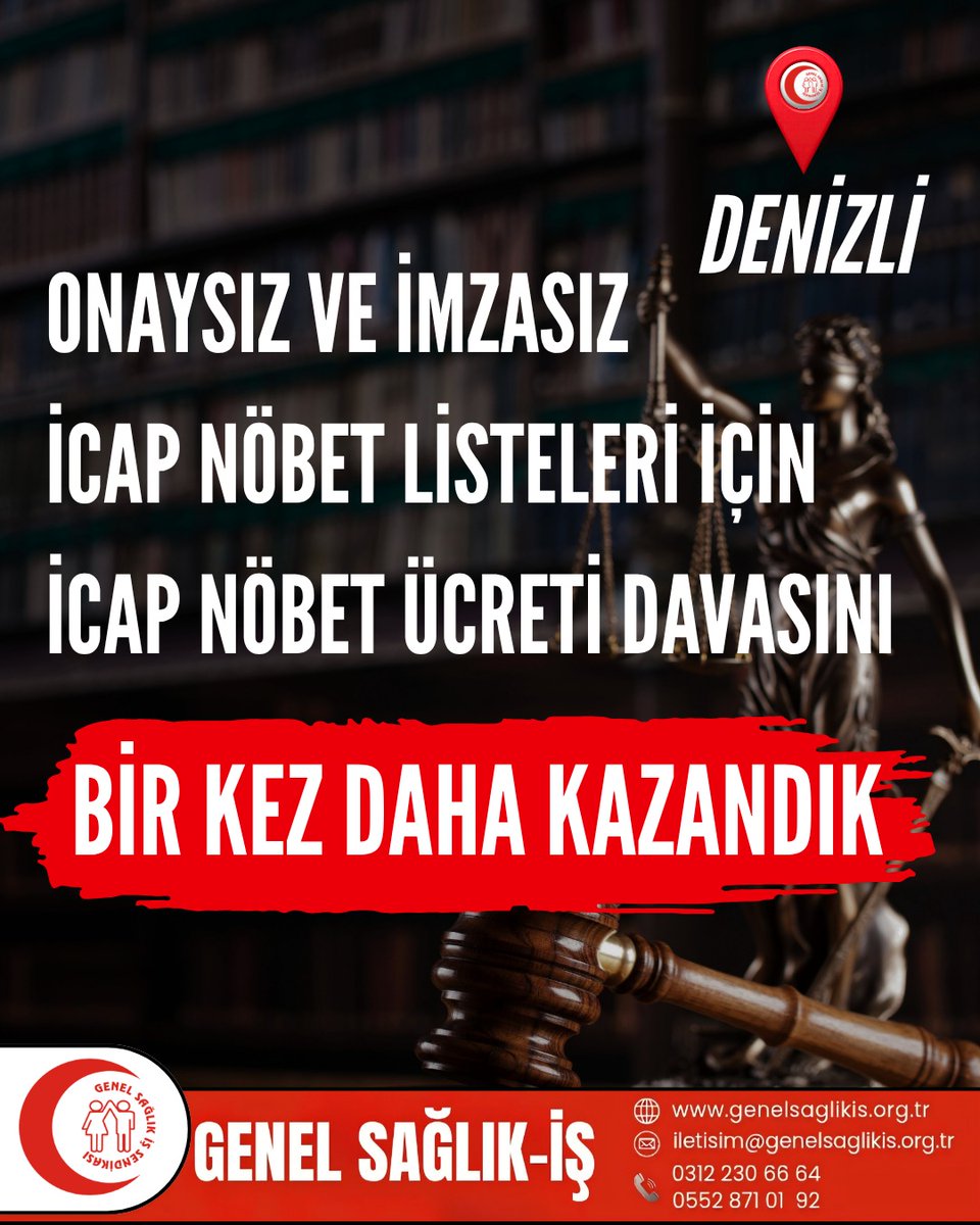 genelsaglikis's tweet photo. DENİZLİ’DE “ONAYSIZ VE İMZASIZ” İCAP NÖBET LİSTELERİ İÇİN İCAP NÖBET ÜCRETİ DAVASINI BİR KEZ DAHA KAZANDIK!

"...İDARE OLARAK verdiğiniz icap nöbet görevlerine konu listelere imza atmasanız da, bu listeleri onaylamasanız da ve hatta MAHKEME OLARAK verdiğiniz hukuka aykırı kararlarda ısrar etseniz de, UNUTMAYINIZ Kİ, GENEL SAĞLIK-İŞ KAYBETMEZ, GENEL SAĞLIK-İŞ ÜYESİ KAYBETMEZ, HUKUK MÜCADELEMİZ ASLA BİTMEZ!"
Kazanım metnimizin tamamına aşağıdaki linkten ulaşabilirsiniz ⤵️⤵️ 
https://t.co/83DJgEV5jL

@deryaugur19 @genelsaglikis20 
#Denizli #Hukuk