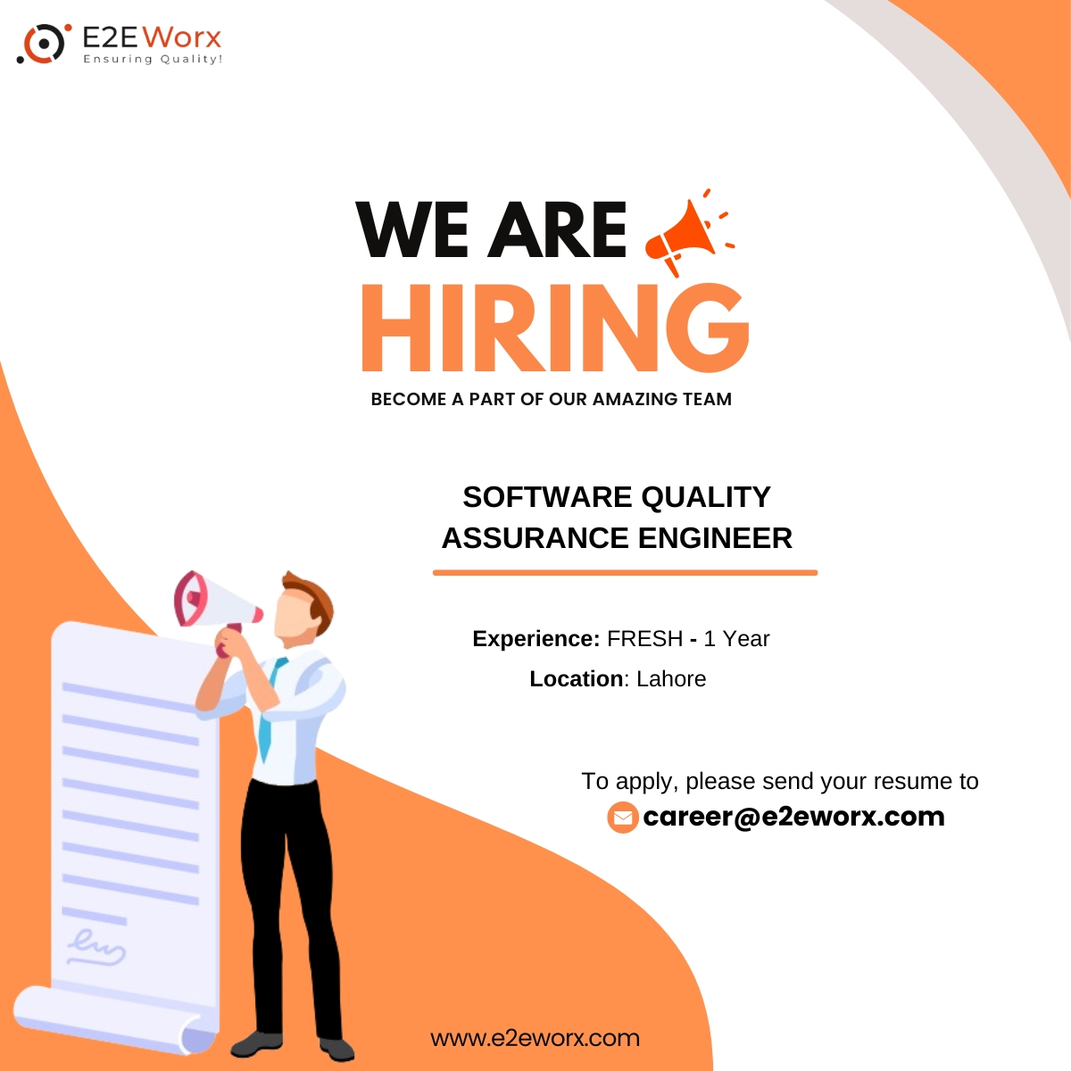 e2eworx's tweet image. E2EWorx is hiring! Join our dynamic team as 𝐖𝐄 𝐀𝐑𝐄 𝐋𝐎𝐎𝐊𝐈𝐍𝐆 TO HIRE Software Quality Assurance (SQA) Engineer To apply, please submit your resume to [career@e2eworx.com]
Take the next step in your career with us!  
#JoinUs #CareerOpportunities #E2EWorx #SQA #QAEngineer