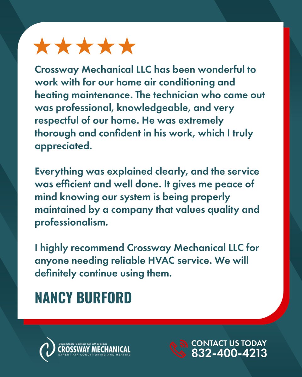 CrosswayLlc's tweet image. Thank You, Nancy! We truly appreciate you taking the time to leave us a Google review! Your support means a lot to our team &amp;amp; helps us continue delivering reliable comfort to our Tomball community. W’re always here to keep your home comfortable &amp;amp; your #HVAC running smoothly.