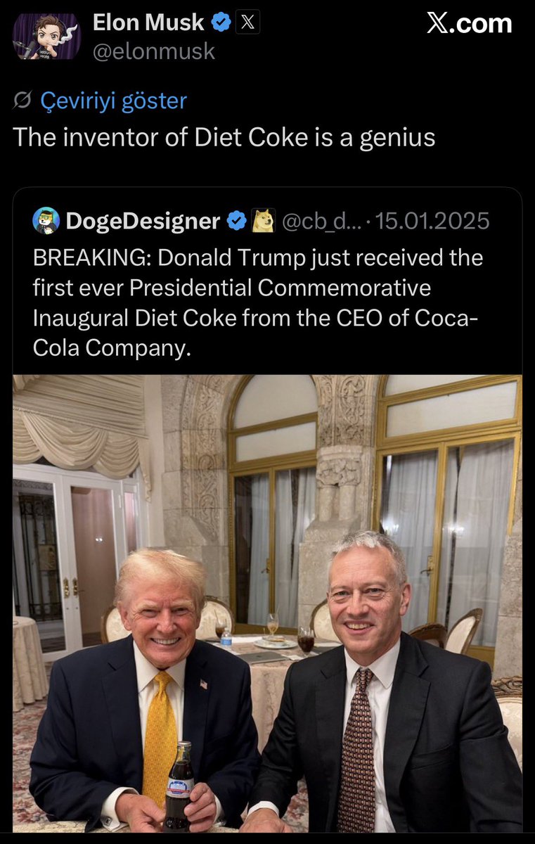 Trump günde 12 diet Cola içiyorum demiş #CocaCola çimleri öldürdüğüne göre kanseri de öldürür gibi benzetmesi var. Long mu açtın :)  şaka bir yana Elon Musk da bağımlısı
