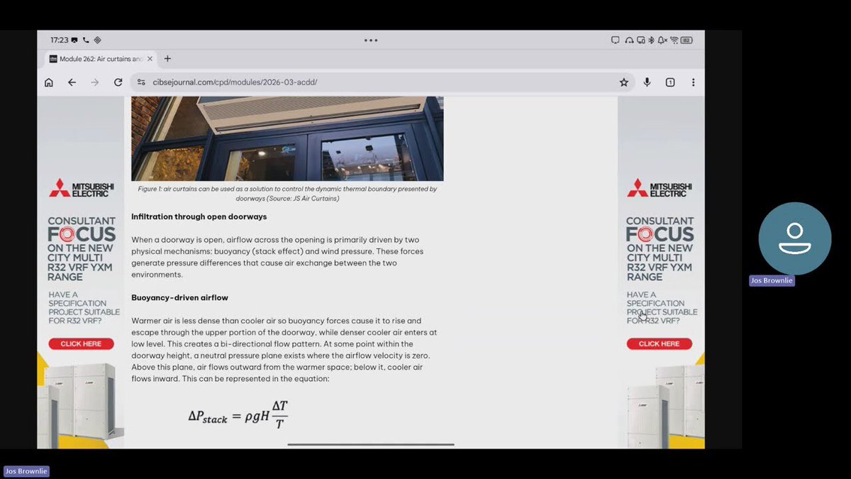 Cibsejournalcpd's tweet image. Infiltration through open doorways Module 262: Air curtains and doorways as thermal boundaries cpd module vlog available now - youtube.com/watch?v=rvlxtX… #cibse #cibsejournal #cpd