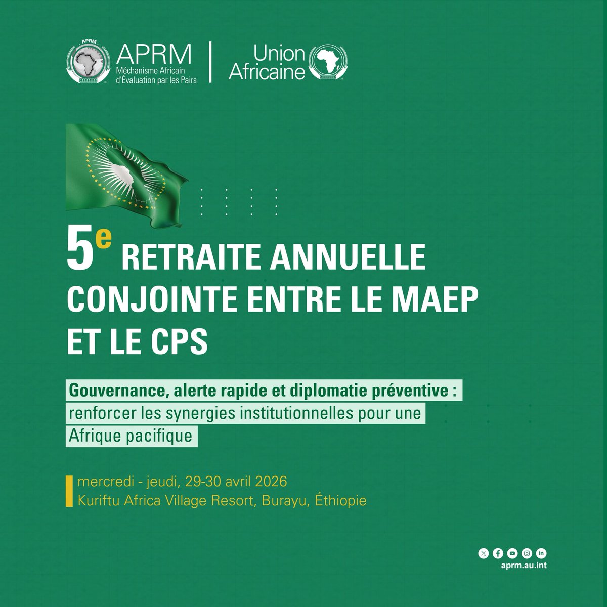 APRMorg's tweet photo. We are pleased to announce the 5th APRM–PSC Joint Retreat, taking place on 29–30 April 2026 in Ethiopia, focused on strengthening governance, early warning, and preventive diplomacy. #APRM-PSC https://t.co/0njBiINSdz