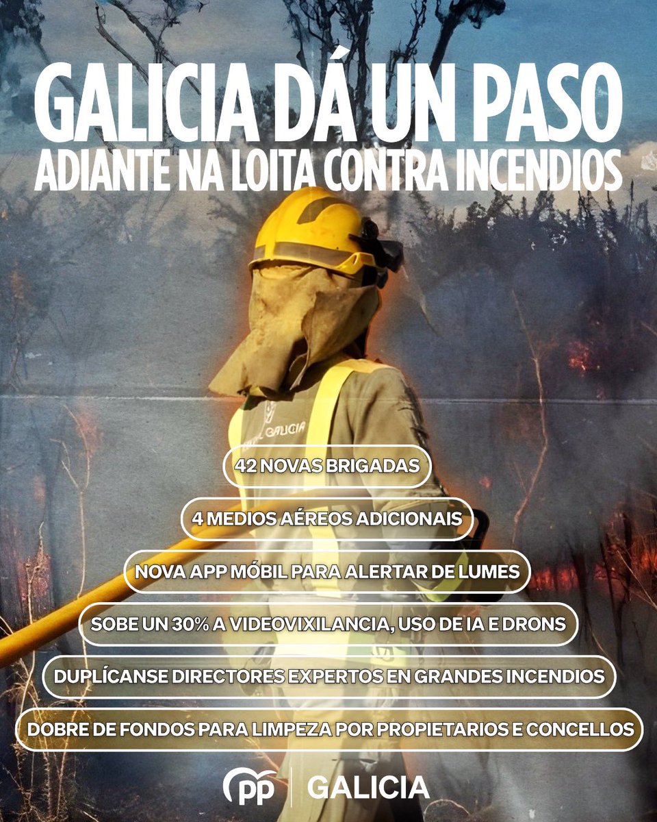 👨🏻‍🚒 Galicia reforza o Plan de prevención e defensa contra incendios:

✔️ Máis medios
✔️ Máis coordinación
✔️ Máis seguridade