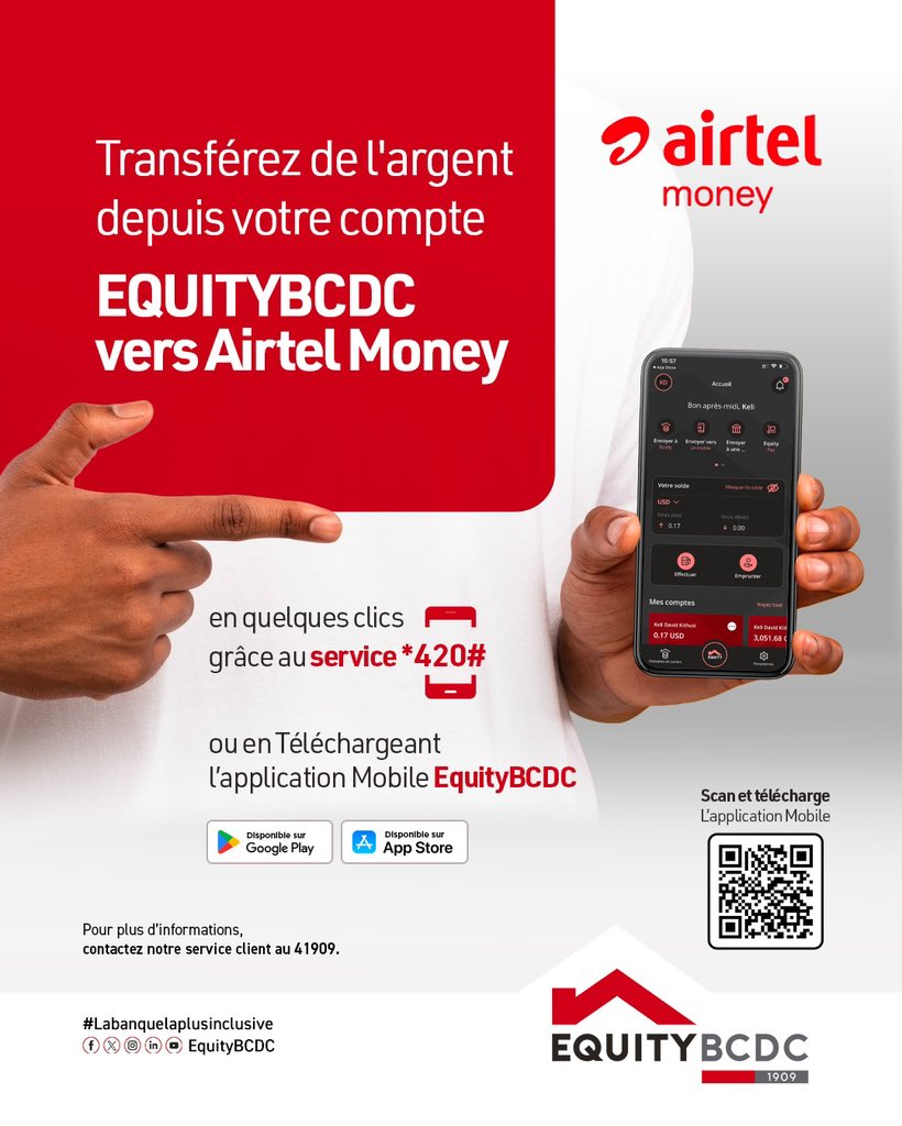 EquityBCDC's tweet image. Passez de votre compte EquityBCDC à Airtel Money en quelques clics seulement ! 

👉 *420# ou via l’app EquityBCDC mobile 
Parce que votre argent doit suivre votre rythme.

#EquityBCDC #AirtelMoney #MobileBanking