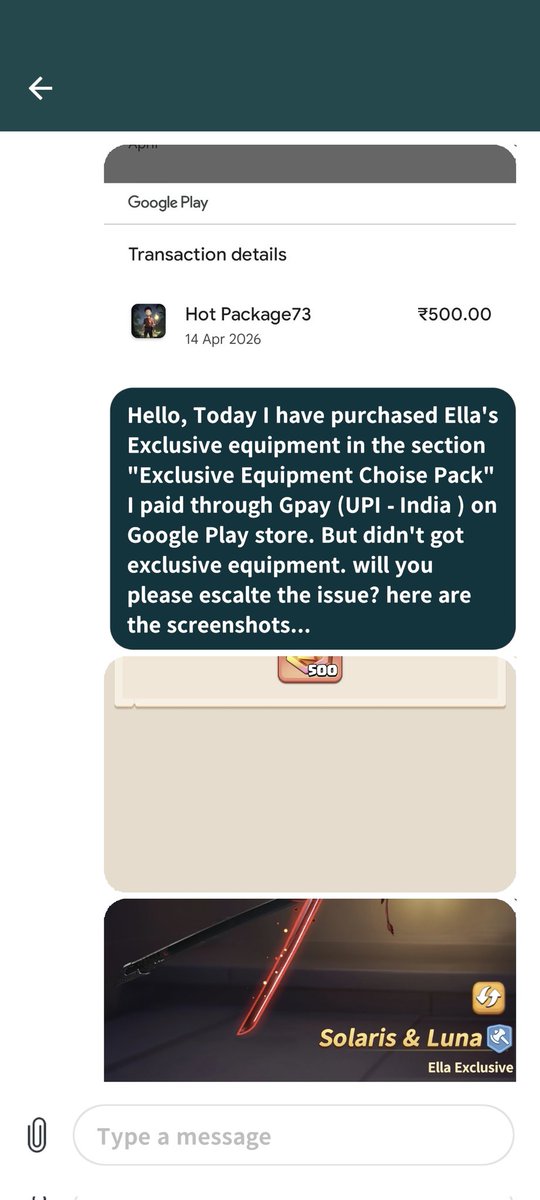 Shash_sm's tweet photo. @Darkwar_Global Yesterday I have purchased Ella's Exclusive equipment in "Exclusive Equipment Choice Pack"  But Didn't got Equipment, I contacted your support, you messaged me to send email receipt screenshot, I sent you. But you didn't replied me yet. I'm sharing images here. https://t.co/GRMZxSEJFA