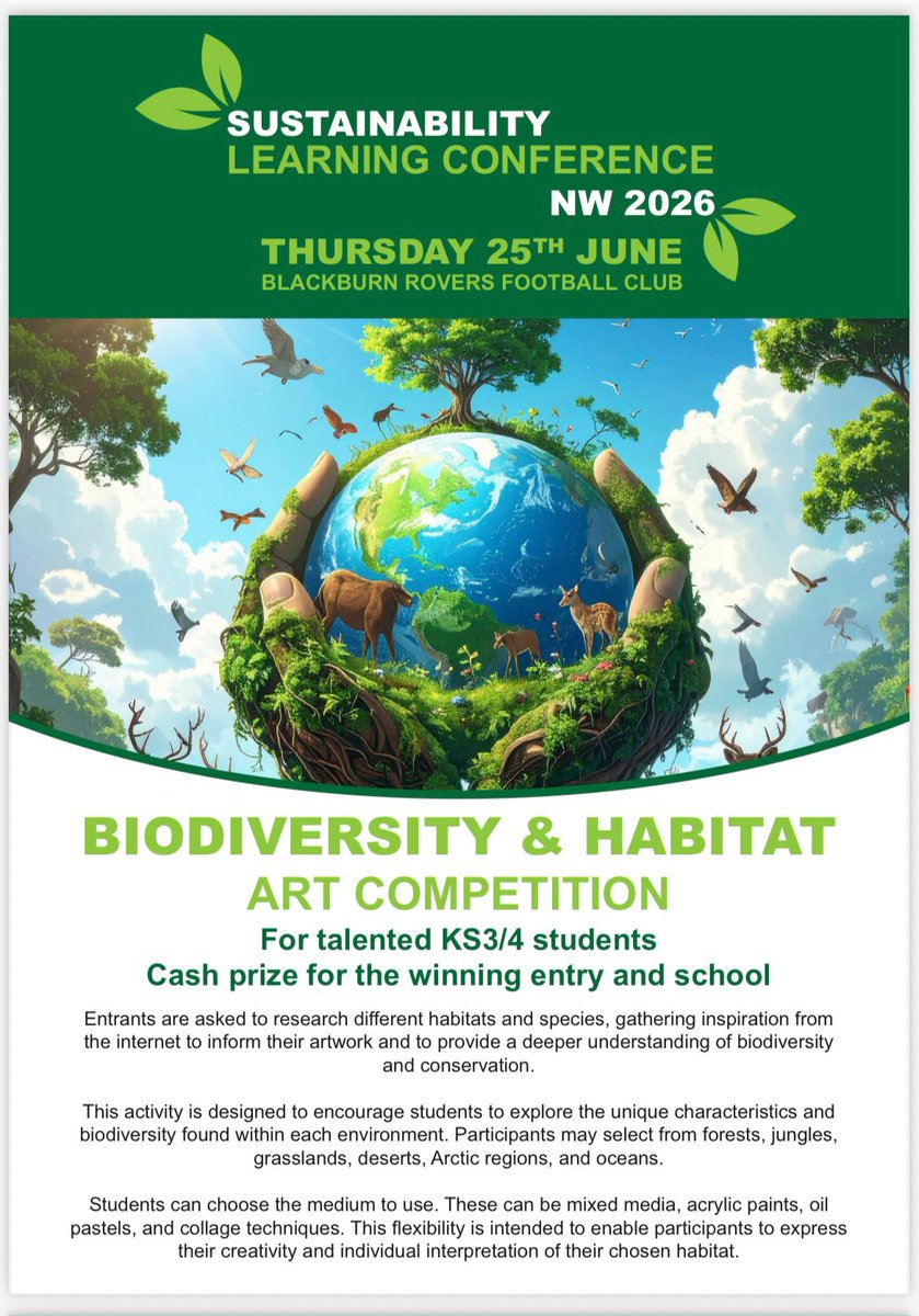 SusLearnCIC's tweet photo. New challenge for KS3  Sustainability Learning Conference @BRFCTrust

 2 ££ prizes for 2 talented students
 £££ for the school with the most entries &amp; offering guidance 

 Be in it to win it. 

@Balshawscehigh @LongridgeHigh @PenworthamGH @PleckgateHigh @StBedesRCHS @Eco_Group https://t.co/BUuhdyeRst