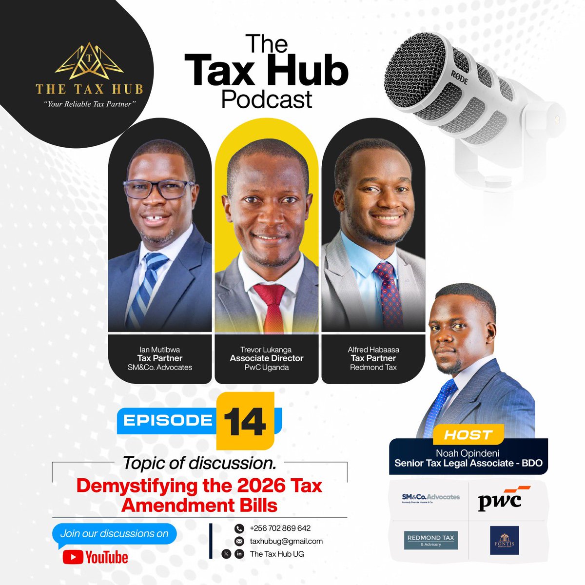 TaxHubUG's tweet photo. 🎙️ Episode 14 of the Tax Hub Podcast is dropping this Monday! 🔔

📢 An amazing team of Leading Tax practitioners joined in to demystify &amp; breakdown the 2026 Tax Amendment Bills

✨The discussion centered around;

📍A comprehensive overview of the 8 proposed tax amendment bills. https://t.co/U14G2JEByd