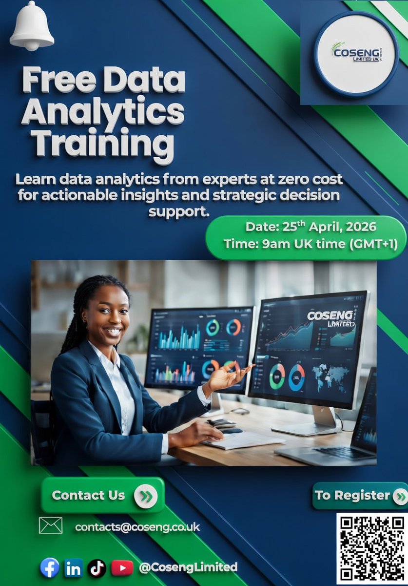 CosengLimited's tweet photo. Registration is open for FREE DATA ANALYTICS TRAINING for April Batch, 2026

To Register: 
https://t.co/nH9nOdtEyt
 
👉 INVITE OTHERS TOO. https://t.co/6tNyVRc3lz