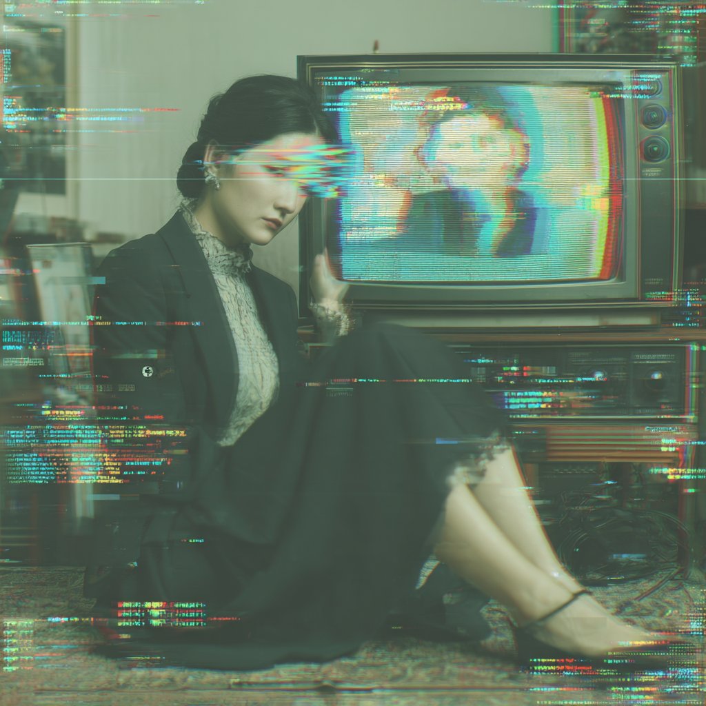 ...Fragmented pixels as she exists in a loop of memory, noise, and soft ...