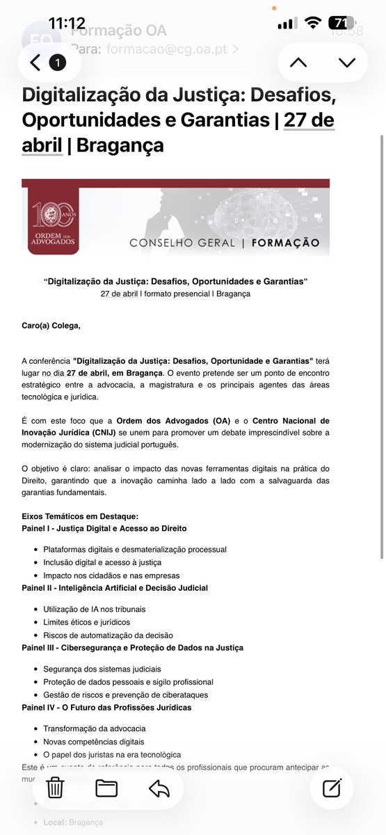 Quando se acharem pouco tecnológicos, lembrem-se que a ordem dos advogados tem uma formação sobre a digitalização da justiça, em regime exclusivamente presencial!!