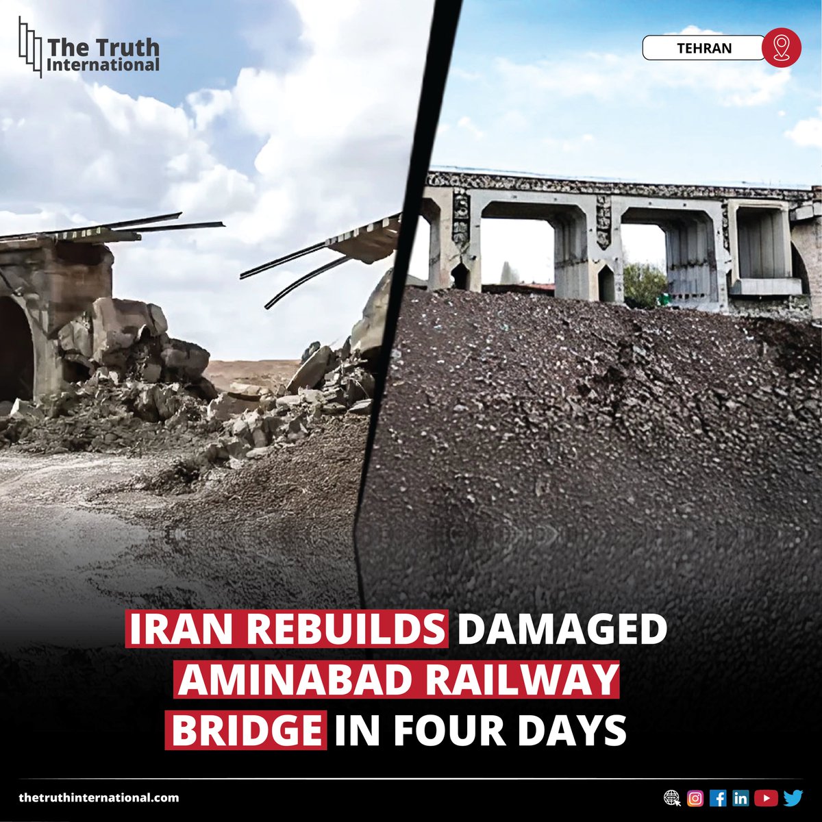 ttimagazine's tweet image. Iran Rebuilds Damaged Aminabad Railway Bridge in Four Days

FIND MORE: thetruthinternational.com/iran-rebuilds-…

#Iran #Rebuilds #Damaged #AminabadRailway #Bridge #FourDays #TTI