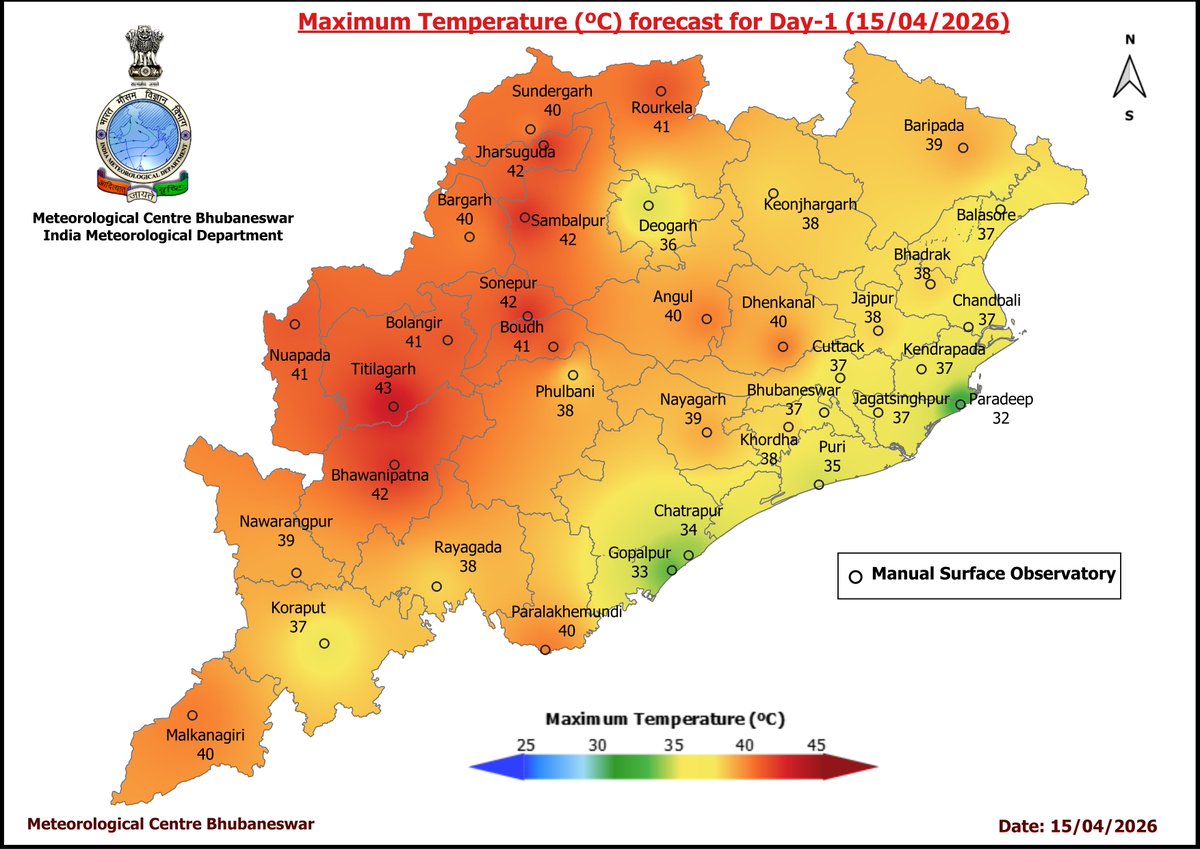 mcbbsr's tweet image. Maximum Temperature Forecast for next 5 days
#Odisha #hot #temperature
