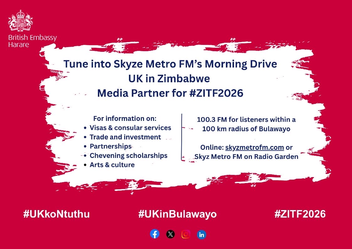 We’ll be on the airwaves all next week talking about all things 🇬🇧🇿🇼 - and we’ll be around town too! Tune in every morning to <a href="/SkyzMetroFM/">Skyz Metro FM</a> and come and say Hi.