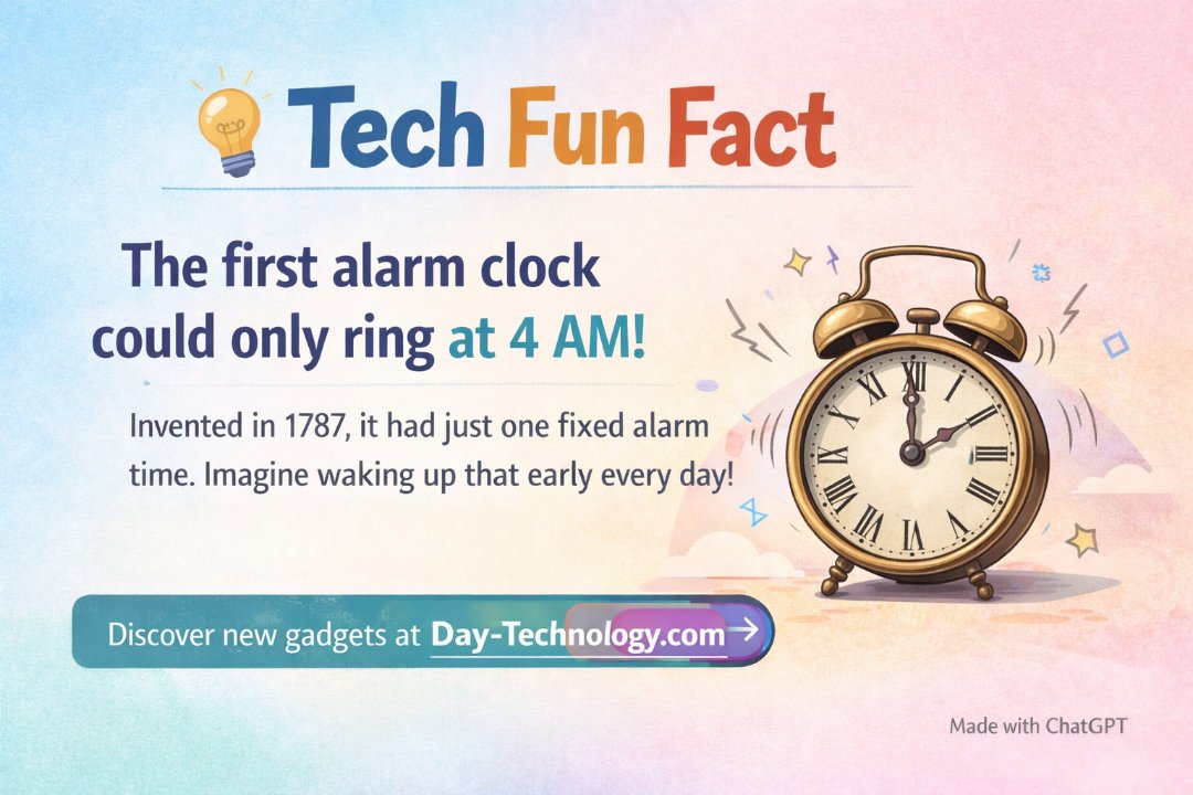 DayTechnology1's tweet photo. 💡 Tech Fun Fact
The first alarm clock could only ring at 4 AM ⏰
Invented in 1787 - Imagine waking up that early every day!

Discover new gadgets 👉https://t.co/CbcCX9ZtYT

#TechFunFact #DidYouKnow #TechHistory #Innovation #GadgetLovers #DayTechnology https://t.co/szgPwVSVvN