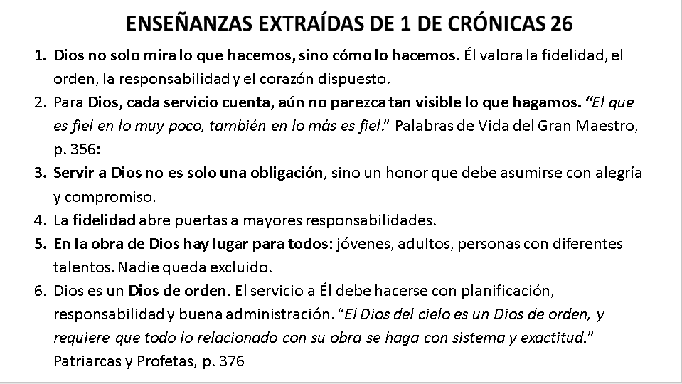 1 de Crónicas 26 presenta la organización de los porteros (guardianes de las puertas del templo) y de los tesoreros. Aunque parece un capítulo administrativo, encierra enseñanzas espirituales muy profundas. #rpsp