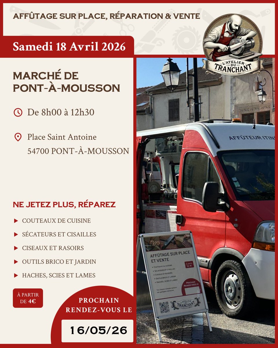 AtelierTranch's tweet image. Samedi 18 avril, retrouvez L’Atelier du Tranchant au marché de Pont-à-Mousson 🔪

Affûtage sur place : couteaux, ciseaux, sécateurs, outils.
📍 Place Saint Antoine
🕗 8h00–12h30

Passez au marché… et repartez avec des lames comme neuves

#PontAMousson #Affutage #MarcheLocal