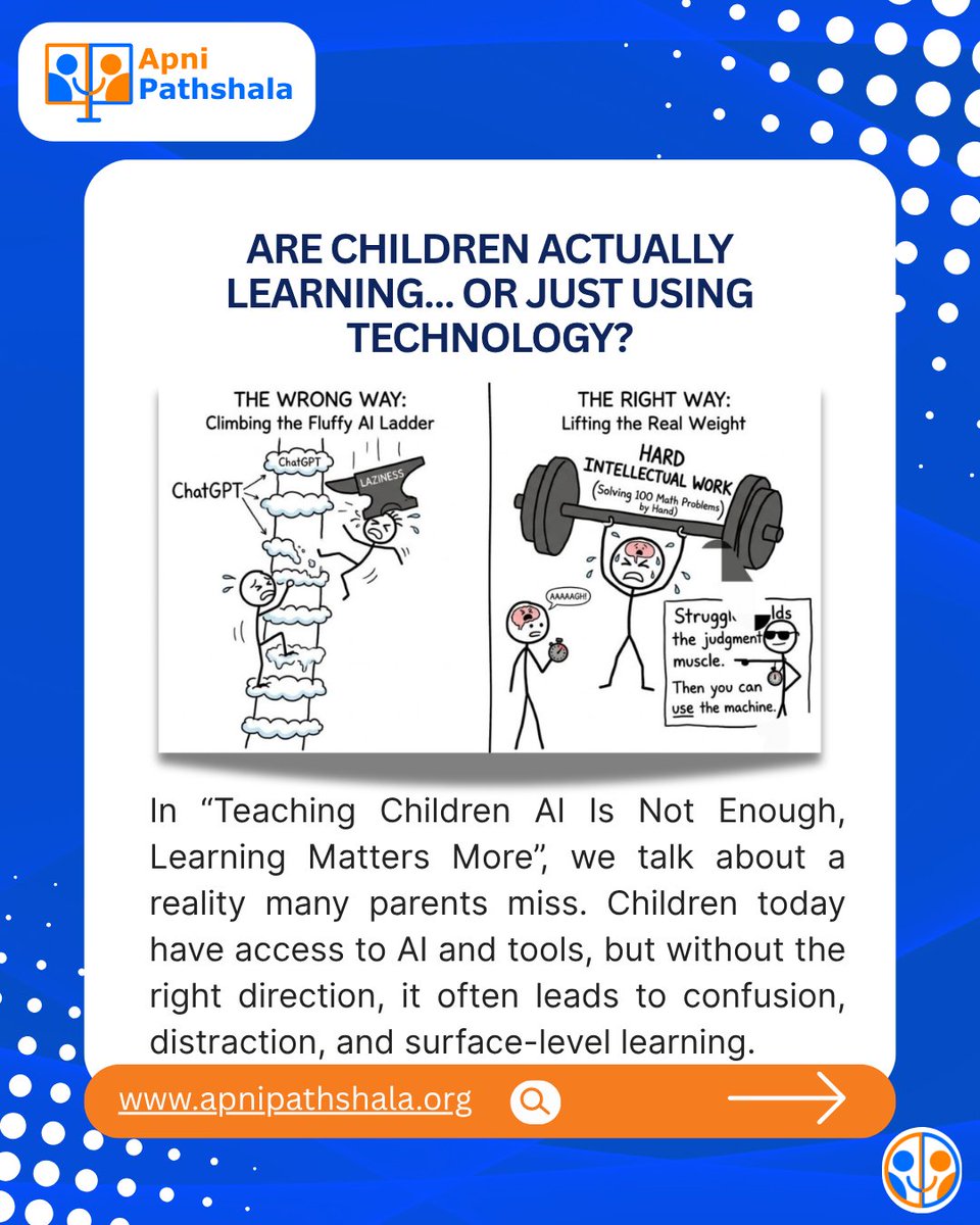 apnipathshalain's tweet image. Teaching kids AI is important.
But if they don’t know how to learn on their own, even the best tools won’t help much.
Real learning starts with understanding, not just using technology.
apnipathshala.org/teaching-child…

#AIinEducation #SelfLearning #Education #FutureOfEducation