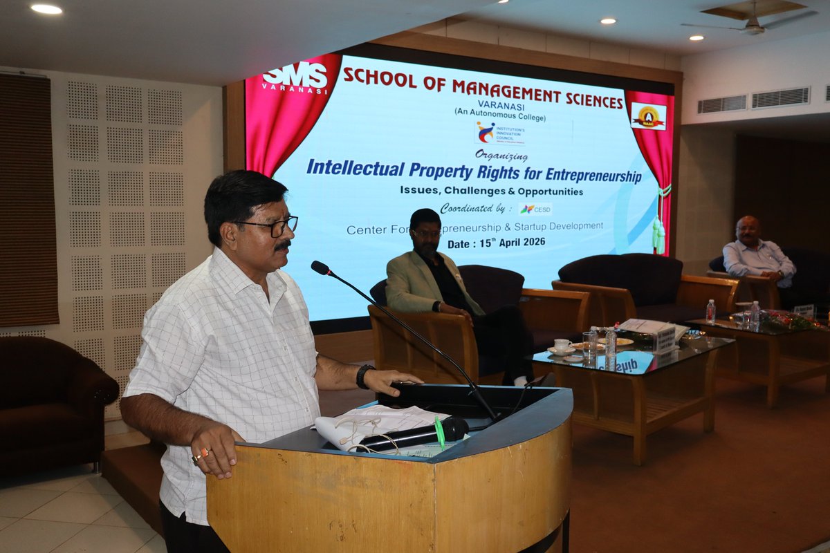 smsvaranasi's tweet image. The School of Management Sciences Varanasi successfully organized an insightful session on “Intellectual Property Rights for Entrepreneurship: Issues, Challenges &amp;amp; Opportunities” on 15th April 2026.
#SMSVaranasi #IPR #Entrepreneurship #Innovation #Workshop #Learning #StartupIndia