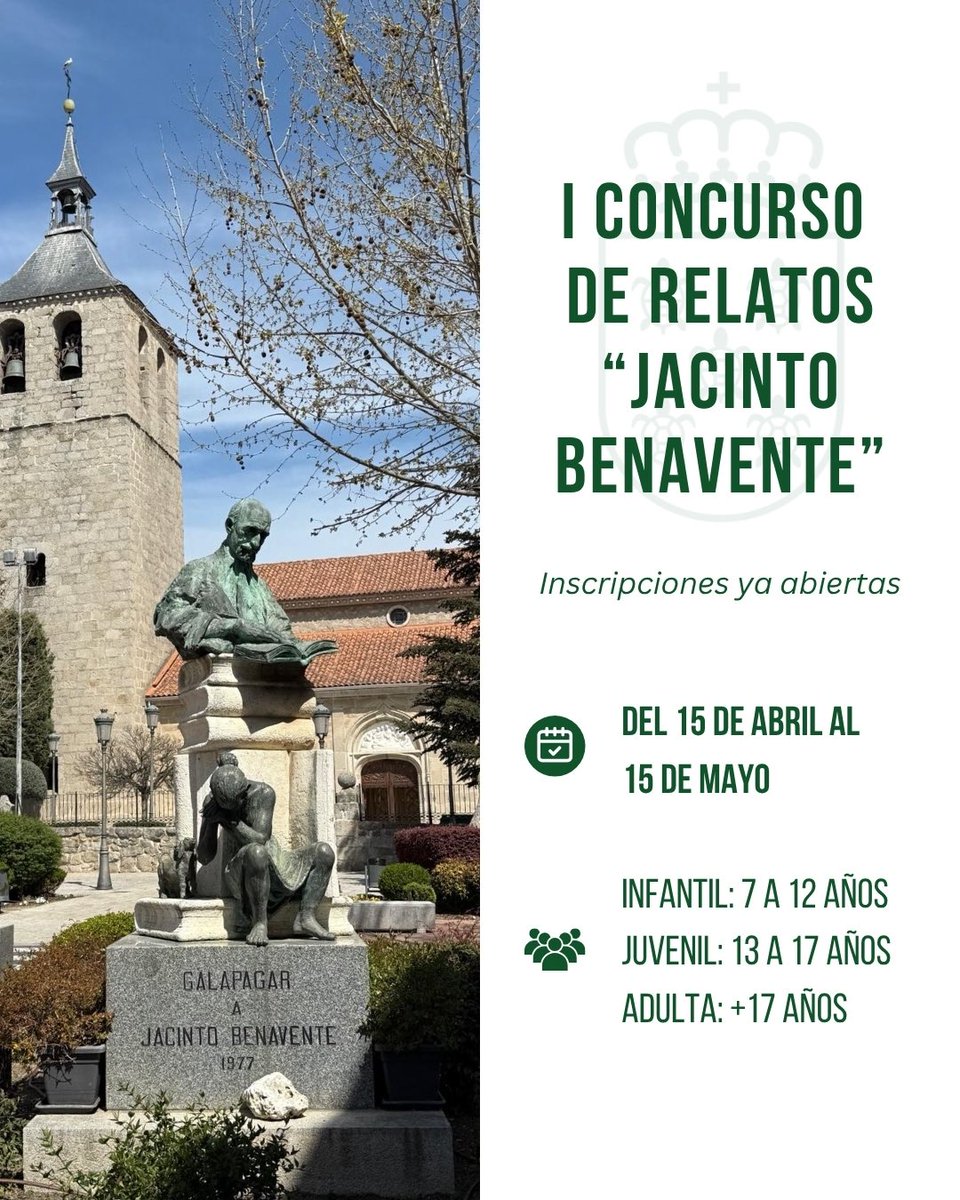 AytoGalapagar's tweet image. ✍️ El Ayuntamiento de #Galapagar junto a @bibliogalapagar lanza el I #Concurso de Relatos “Jacinto Benavente” para fomentar la escritura creativa.

📌 Categorías:
👧 Infantil (7-12)
🧑 Juvenil (13-17)
👤 Adultos (+17)