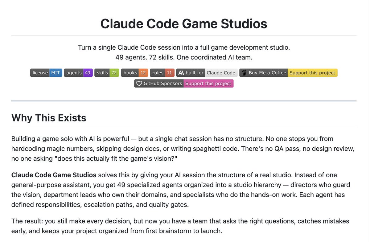 Someone just built an entire AAA game studio inside your terminal.

They turned Claude Code into a 49-agent game development team.

it has 72 skills, real hierarchies, and specialists for unity, unreal, and godot.

You just give them an idea and the ai director delegates the work