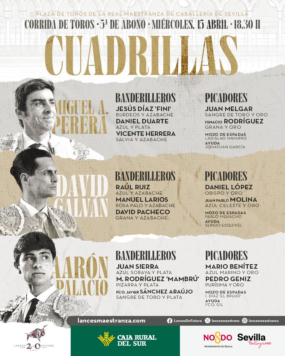 LancesMaestranz's tweet photo. 📄 Cuadrillas de Miguel Ángel Perera, David Galván y Aarón Palacio para el quinto festejo de abono en #Sevilla https://t.co/WuwVdaNkmW