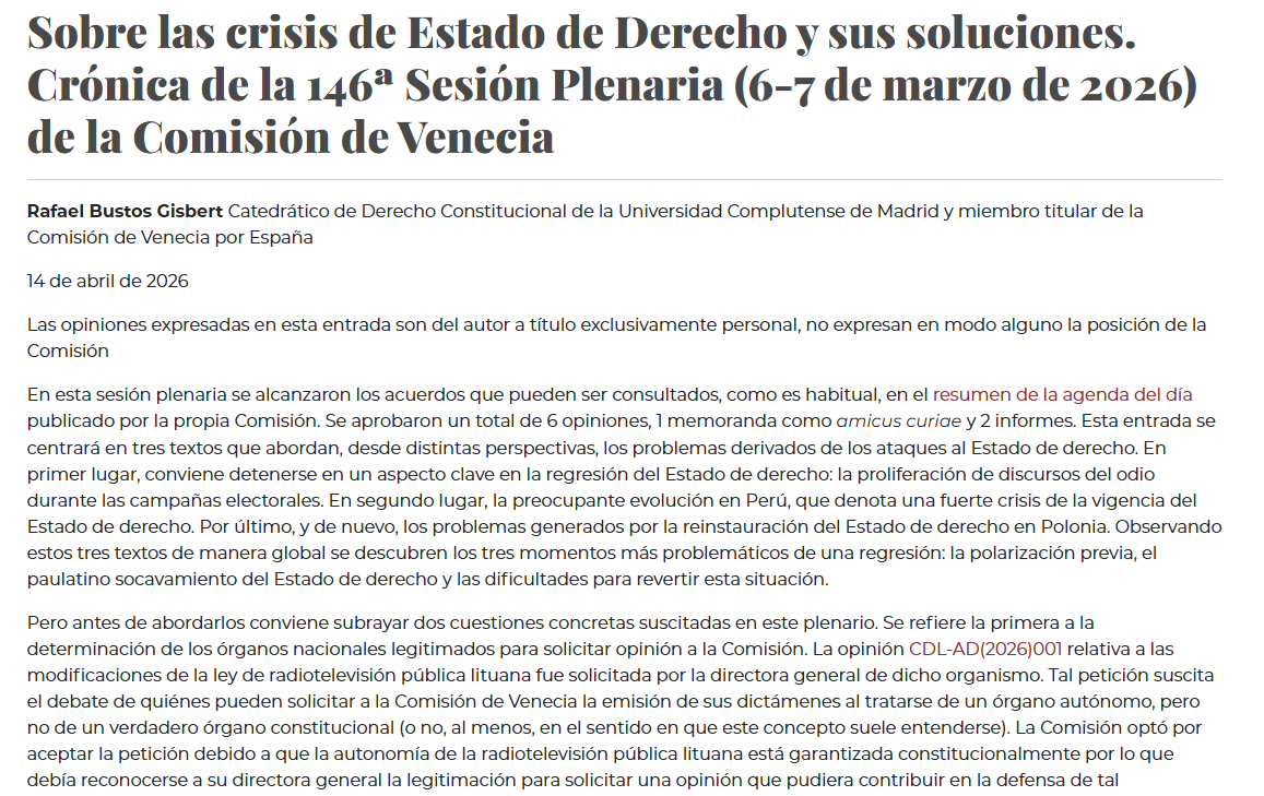 cepcgob's tweet photo. Nueva entrada en el #BlogCEPC
"Sobre las crisis de Estado de Derecho y sus soluciones. Crónica de la 146ª Sesión Plenaria (6-7 de marzo de 2026) de la Comisión de Venecia" por Rafael Bustos Gisbert @BustosBaggings
https://t.co/vfoYiR0unG https://t.co/zERJRFvGvV