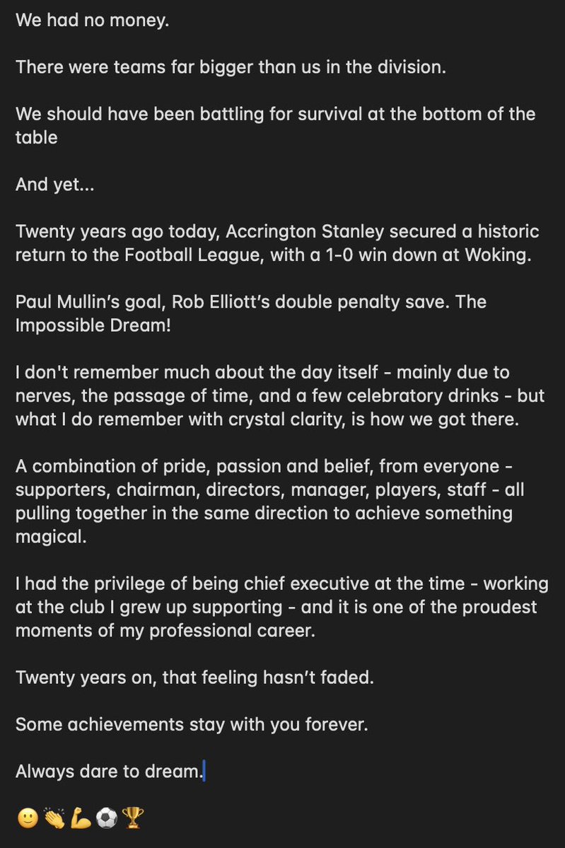 robheys's tweet image. Twenty years ago today

@ASFCofficial 

#Pride #Passion #Belief
#TheClubThatWouldntDie #Teamwork

🙂👏💪⚽️🏆