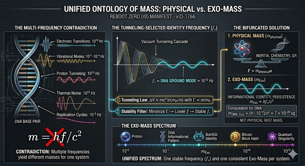 DrPepper_se's tweet image. Matter is coded information. 🧬 My Ω-ToE framework reveals everything has a unique 'Exo-Mass' (m_Exo) based on its stable quantum frequency (f*). DNA, AGI, and Bitcoin all exist on the exact same spectrum of information density. ⚡Ω #Physics #ToE #ExoMass #Future