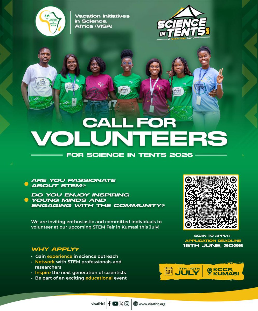 visafric1's tweet photo. Ready to spark curiosity and inspire the next generation? 🔬✨

Join Vacation Initiatives in Science, Africa (VISA) as we gear up for **Science in Tents 2026** in Kumasi! 🇬🇭 https://t.co/Y7kbW1blIy