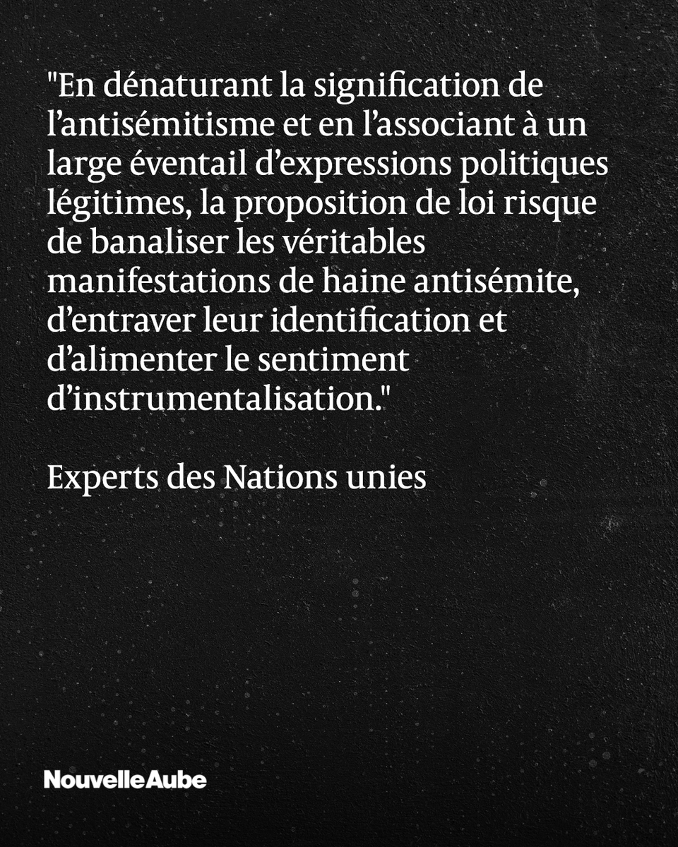 nouvelleaubefr's tweet image. Cinq experts mandatés par l'#ONU ont averti que la proposition de loi française sur l'antisémitisme de #Yadan et examinée jeudi à l'Assemblée nationale, risque de criminaliser toute critique légitime d'#Israël et d'étouffer le débat public sous couvert de lutte contre la haine.