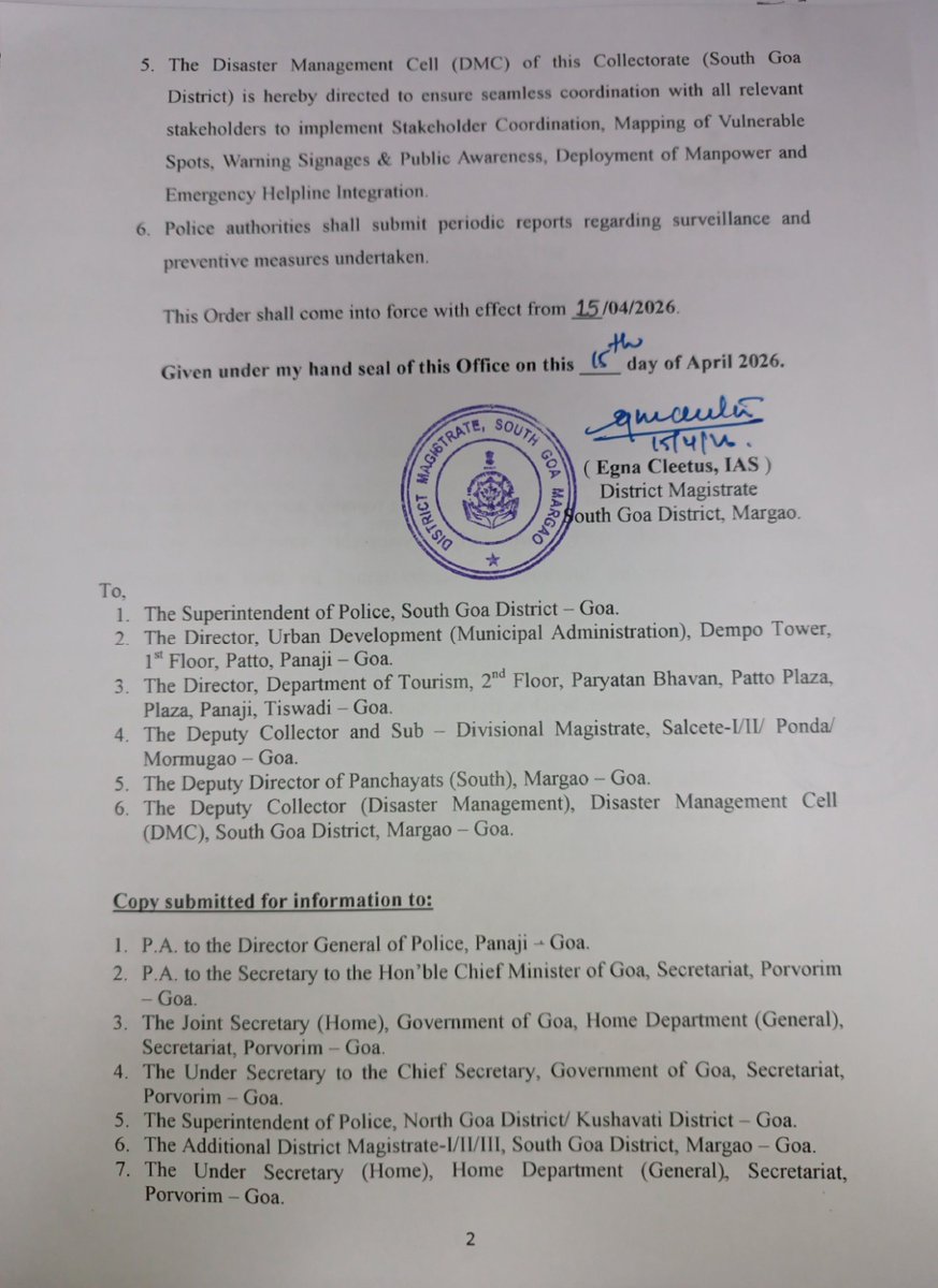 Coll_SouthGoa's tweet image. DM South Goa, issued an urgent order to prevent drowning incidents—directing identification of vulnerable water bodies, installation of warning signage, intensified surveillance and coordinated action for public safety. Effective from 15 April 2026.

#SouthGoa #PublicSafety