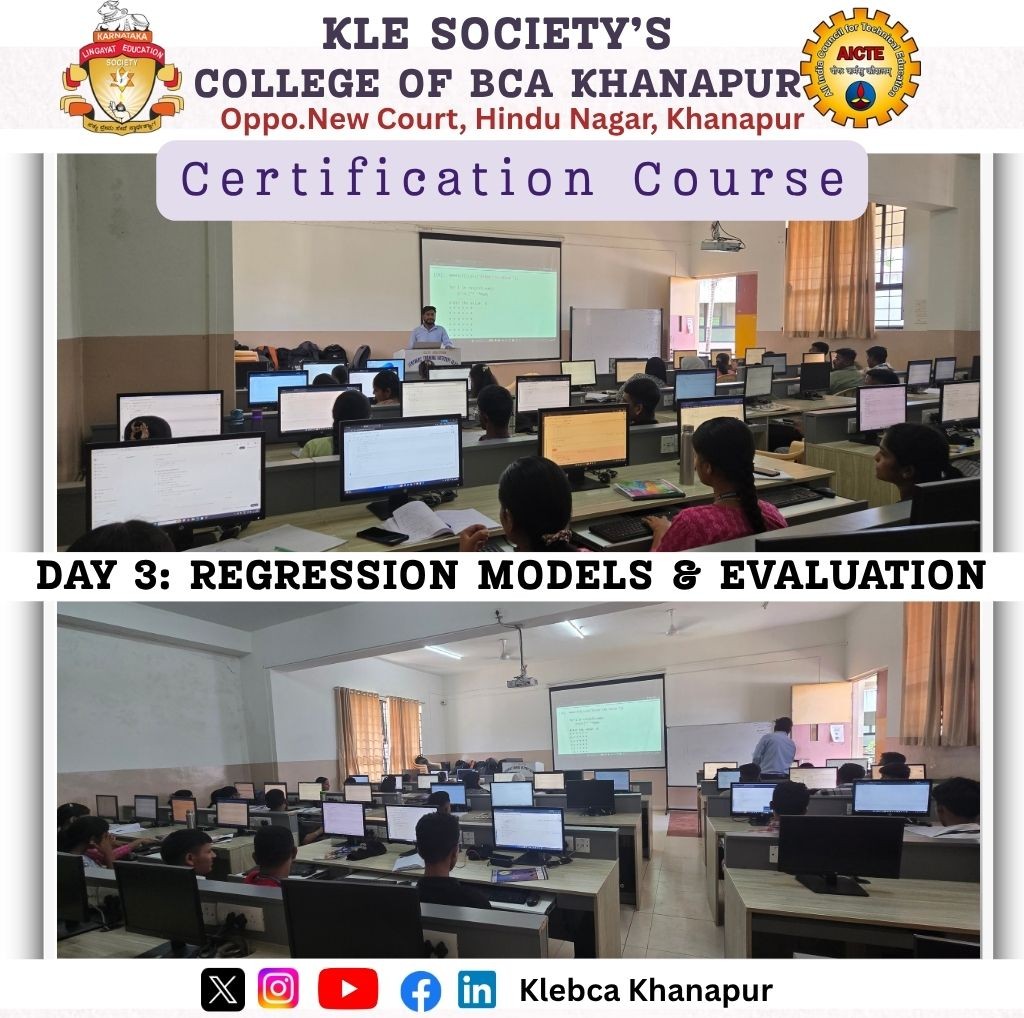 Klebcakhanapur's tweet image. Certification Course on Applied Machine Learning with Python For II Semester B Div Students.
Resource Person:
Name: Naresh N
Designation: Technical Trainer
Day 3: Regression Models &amp;amp; Evaluation
#certificationcourse
#day3
#regressionmodels
#linearregression
#klebca
#klebcakhanapur
