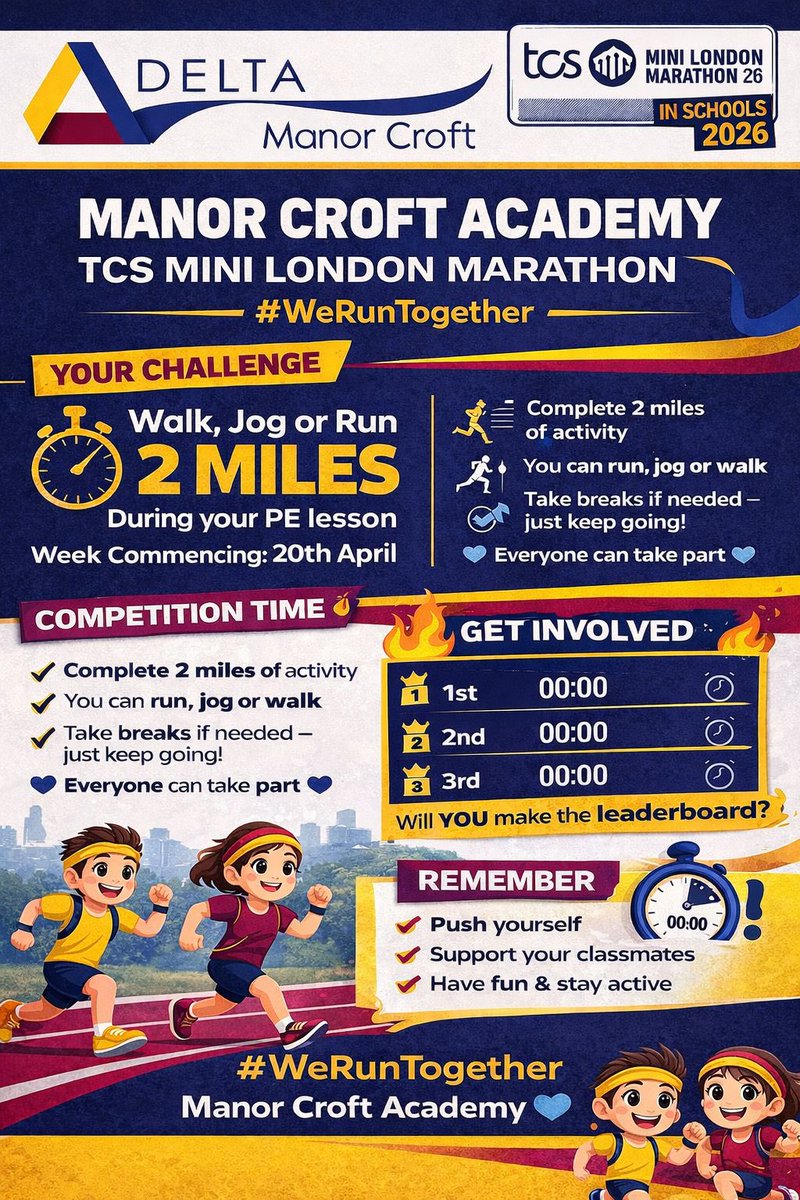ManorCroft_PE's tweet image. 🏃‍♀️ 2 miles. One challenge. Whole academy involved.

Our Y7–10 students are taking on the TCS Mini London Marathon in their PE lessons next week!

Run, jog or walk — everyone can take part 💪
Who’s making the leaderboard? 🔥
#WeRunTogether
#TeamMCA
@DeltaManorCroft