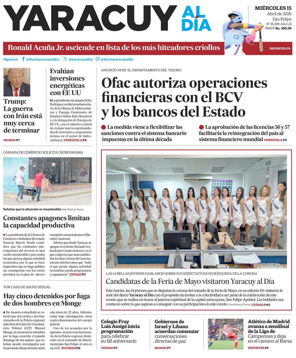 yaracuyaldia's tweet photo. 🗣️ Feliz día para todos 🌅

 Les presentamos la #primerapagina de nuestra edición impresa de este #15Abril 📰

Todas las noticias las puedes ampliar visitando la página web ▶️ https://t.co/eJiTAQAgsc https://t.co/b22XWc3XUr