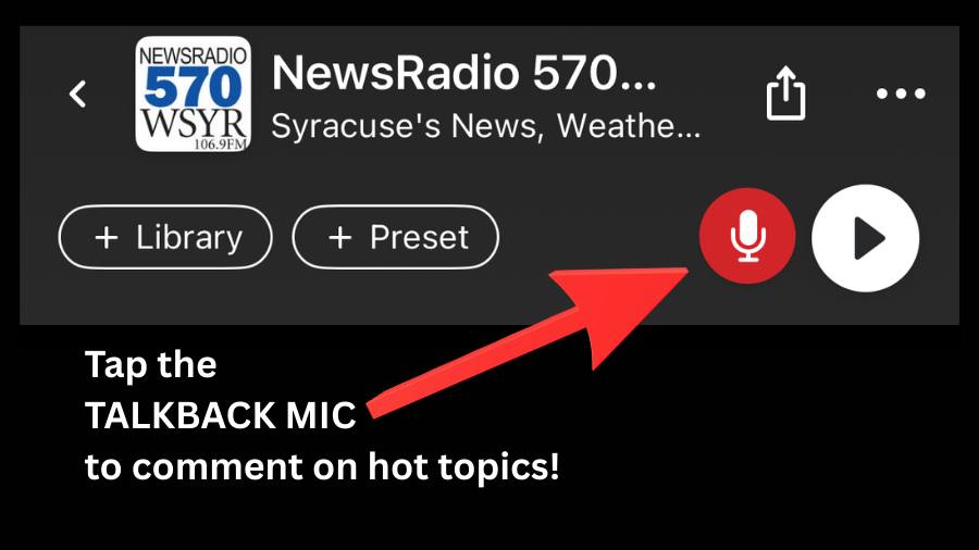 WSYRNews's tweet image. What say you? Tap the RED TALKBACK MIC on 570WSYR.com/listen to comment on hot topics anytime! #iHeartRadio